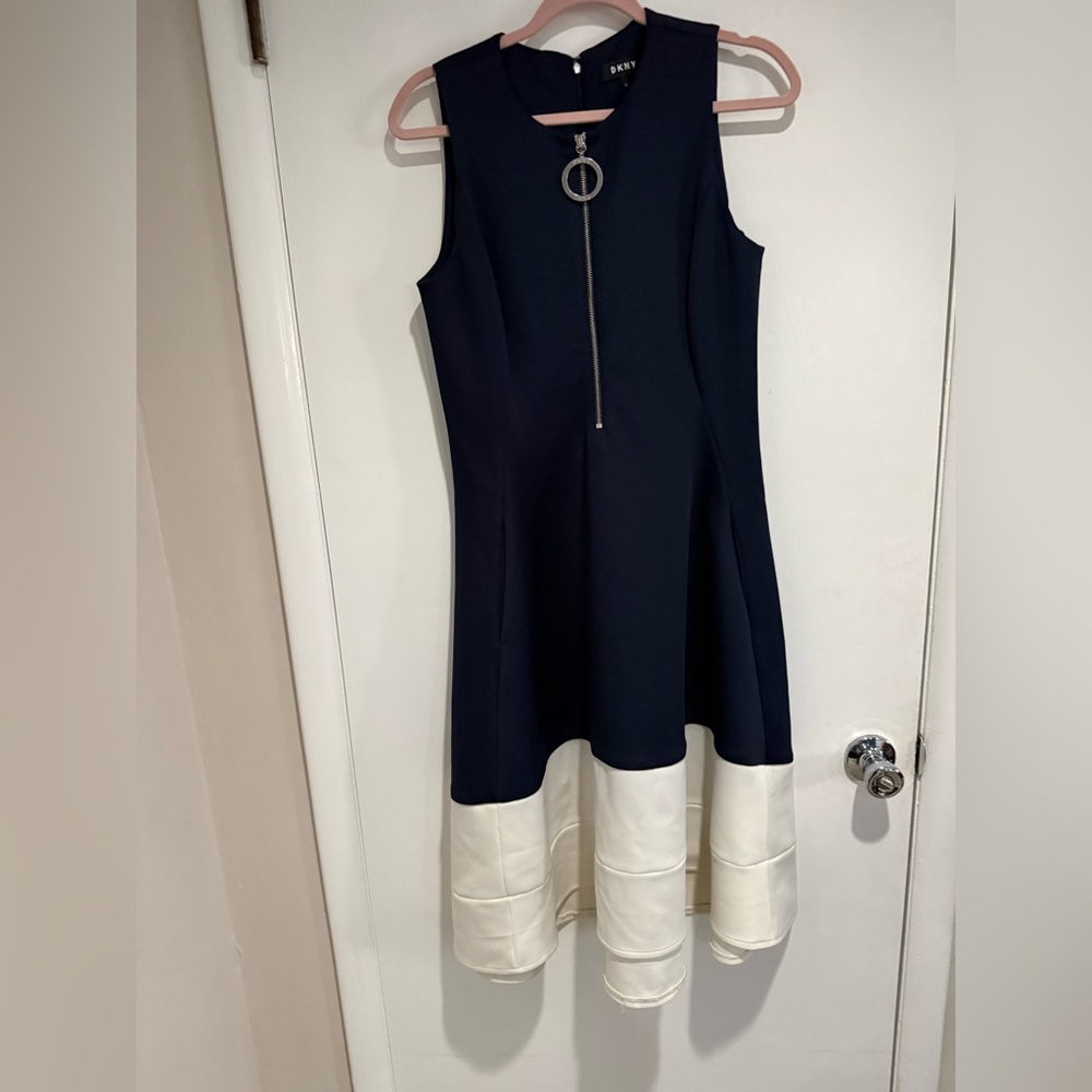 DKNY Sleeveless Colorblock A-Line Dress with Silver Ring Zip
